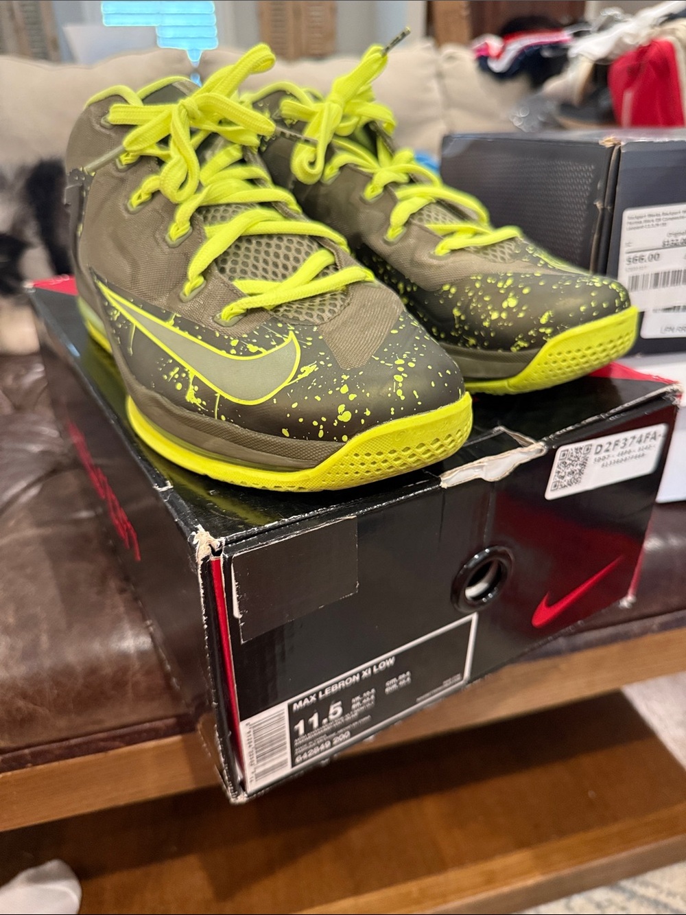 Preowned Nike LeBron XI Low -Olive & Neon Yellow men’s size 11.5